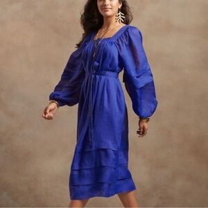Banana Republic Ramie Tiered Midi Dress voltage blue  Square Neck Praire